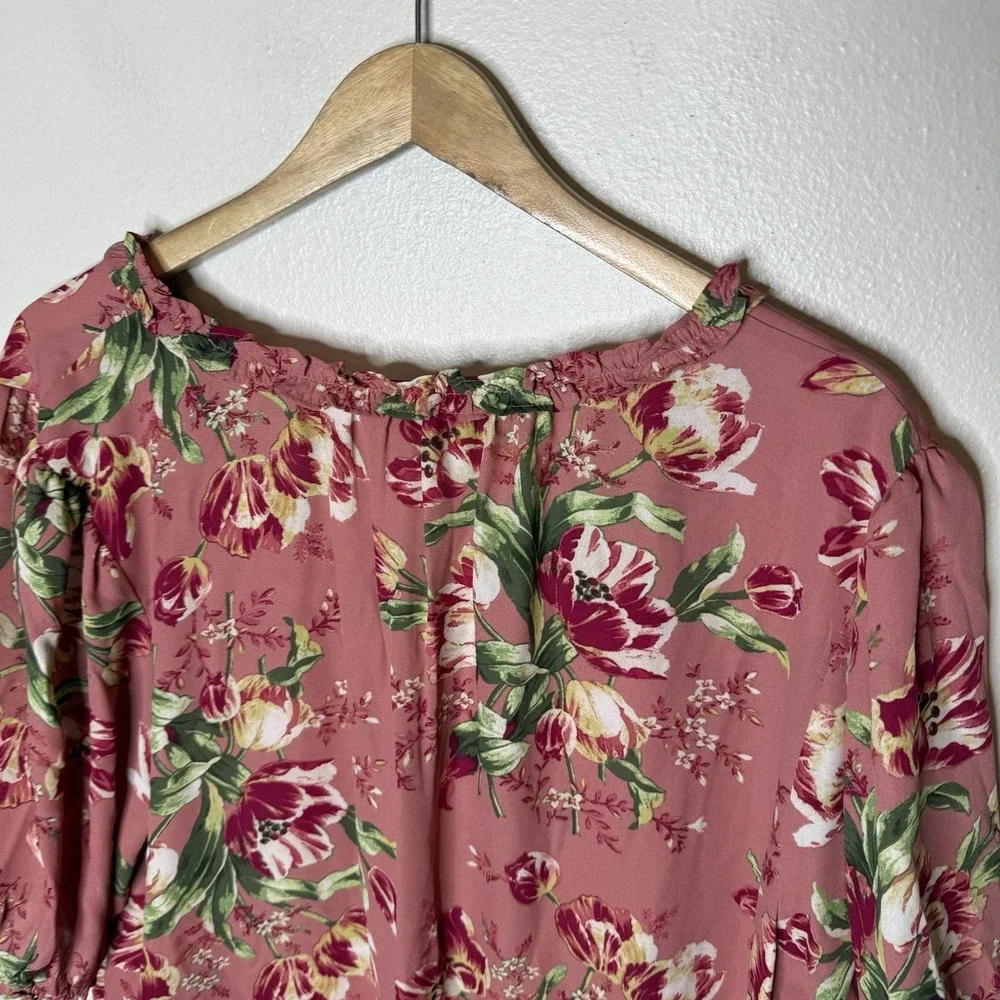 New Style And‎ Co Pink Ruffle Puff Sleeve V-neck Spring Top Blouse Womens 3X
